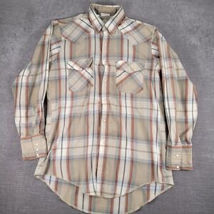 Western Frontier Vintage USA Plaid Shirt Long Sleeve Pearl Snap Mens Medium Flaw